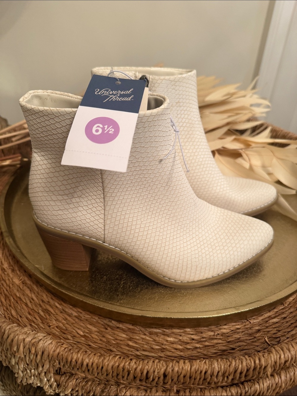 Universal Thread Cream Textured Ankle Booties with Block Heel